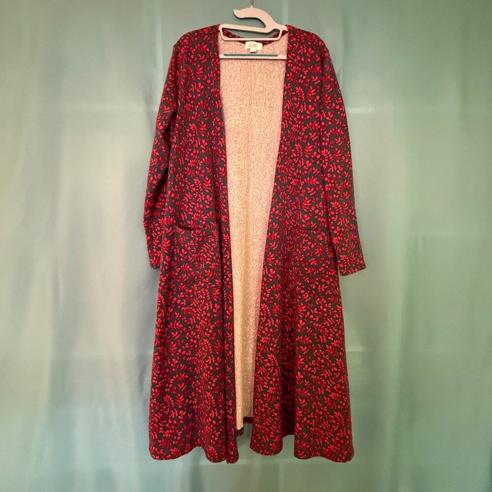 LulaRoe Sarah Red Dark Blue Gray Leaf Pattern Long Cardigan Sweater XL